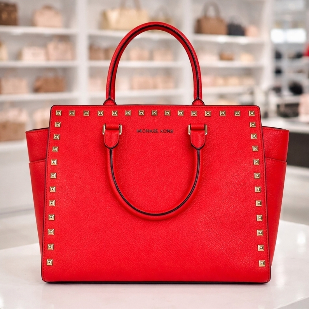 Michael Kors Hand Bag Large Orange Red Studded Purse Summer Gucβ